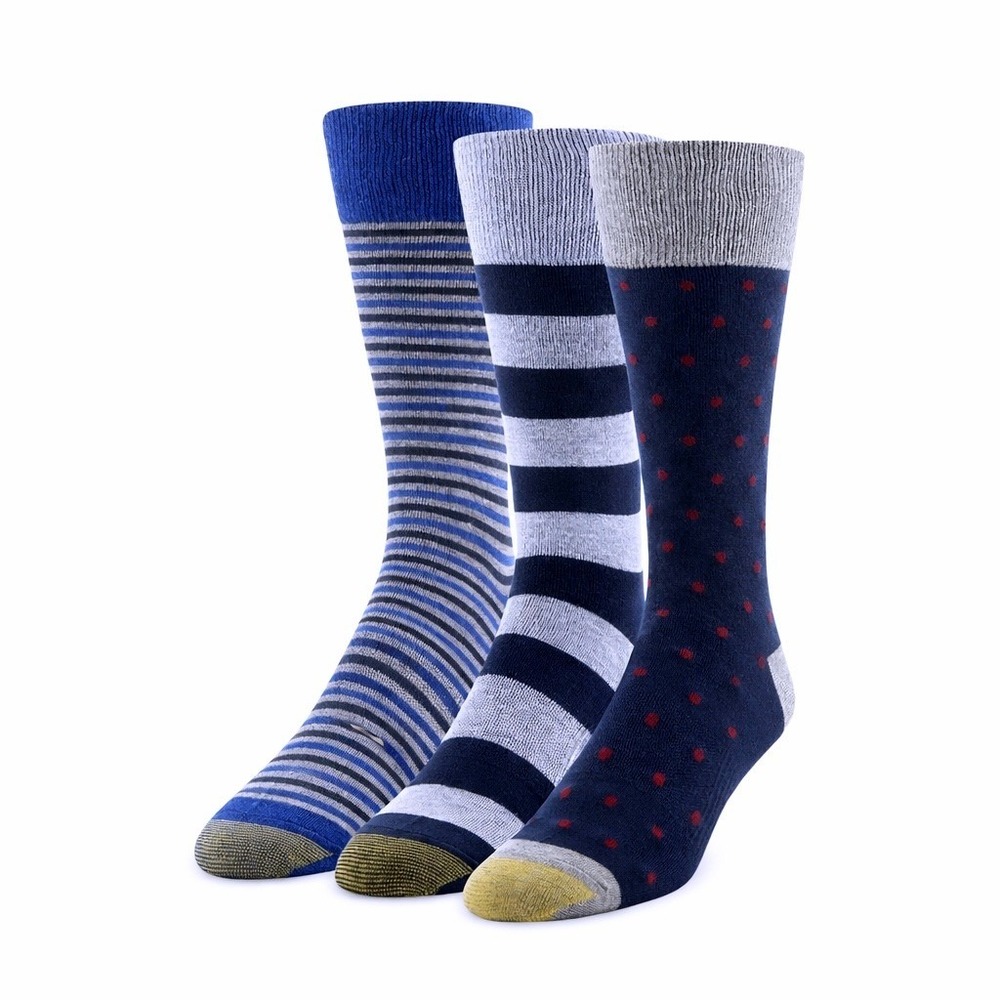 Goldtoe Edition Mens Crew Dress Socks 3 Pack Stripes Polka Dots Navy Blue Grey